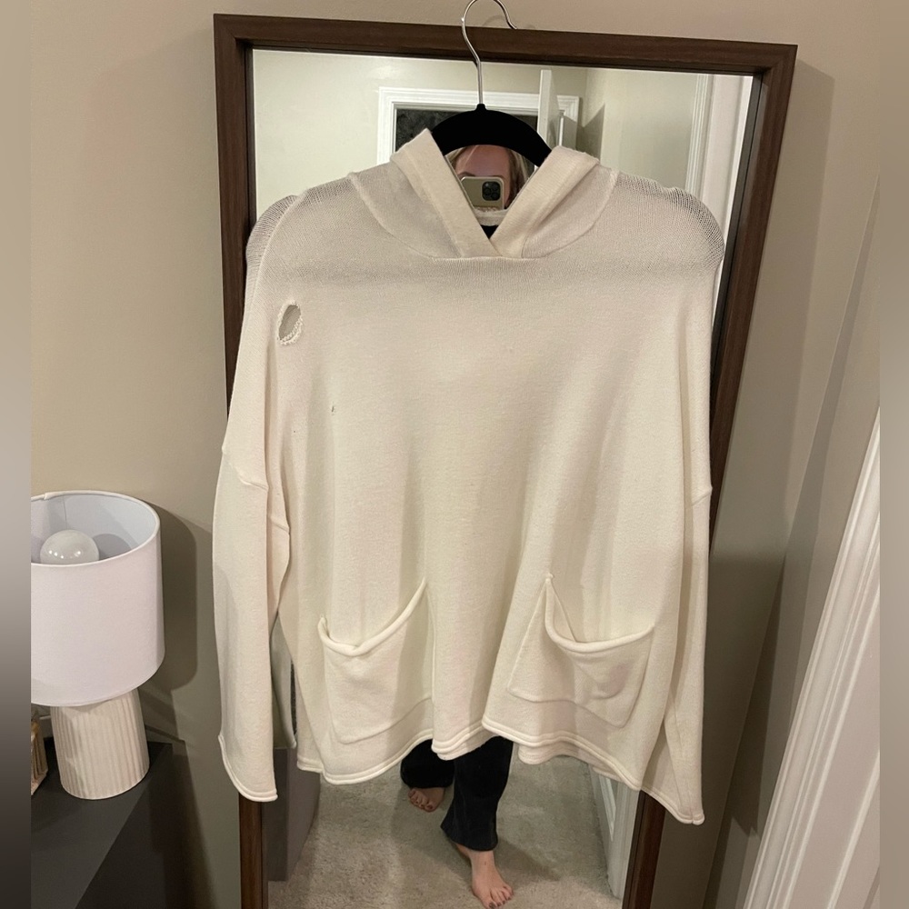 Boutique Distressed Hooded Sweatshirt , Off White, Size M